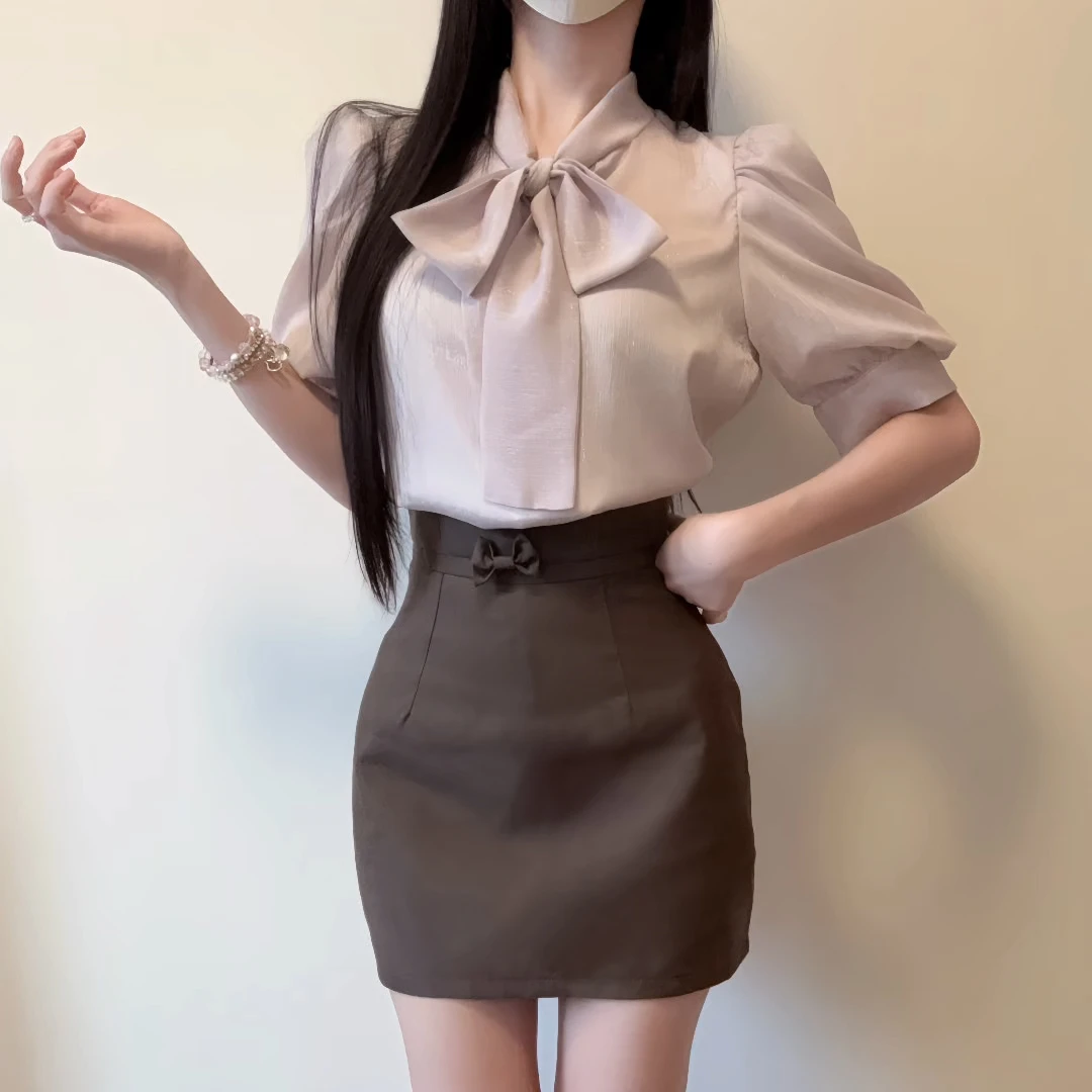 IQCQ轻奢定制法式蝴蝶结系带泡泡袖衬衫上衣女收腰显瘦包臀裙套装