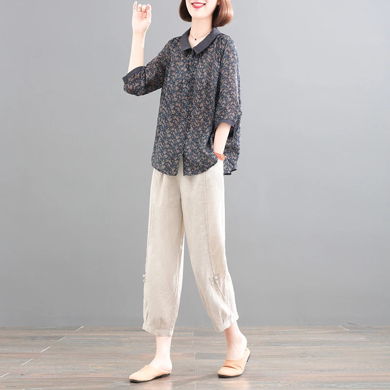 YX#【单/套装】【160斤可穿】遮肉复古印花棉麻两件套休闲DY9954