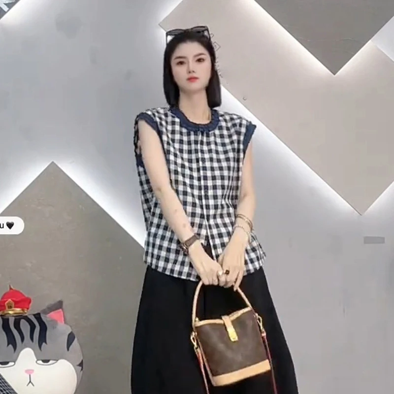 2025夏季韩版格纹撞色圆领无袖背心上衣女波点减龄甜美娃娃衫上衣