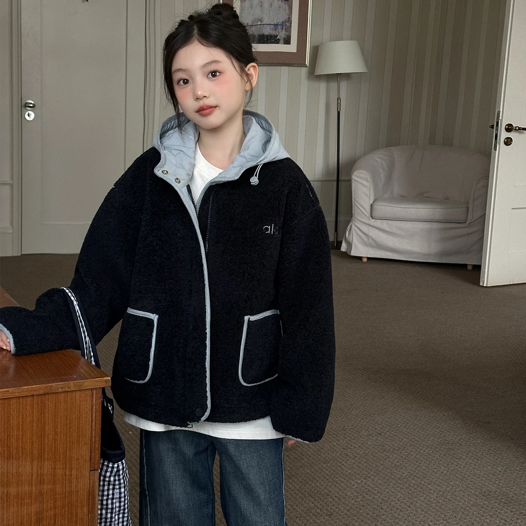 女童外套2025新款仿皮毛一体洋气时髦连帽拉链开衫中大童休闲上衣