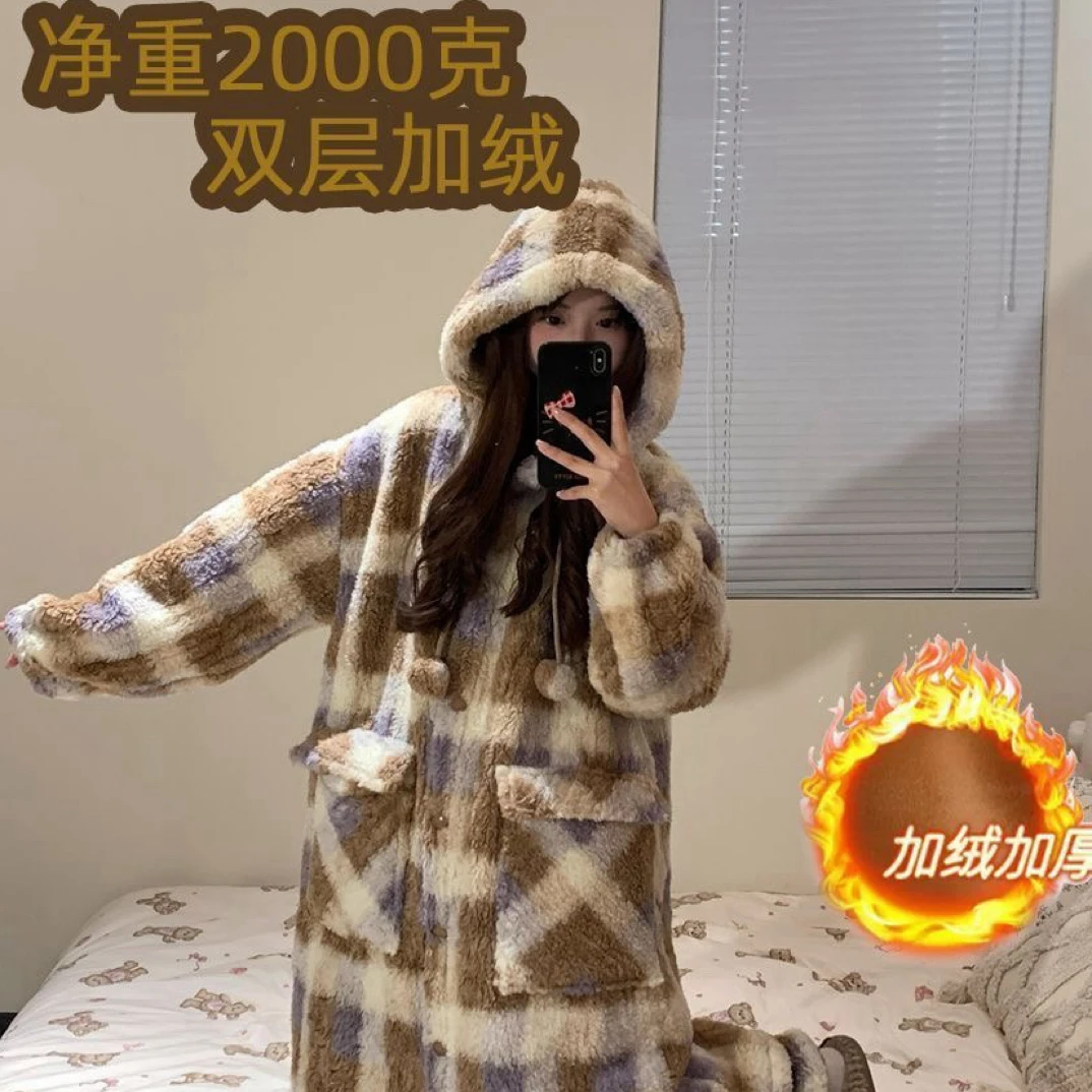 超厚格纹小香风睡衣女冬季新款珊瑚绒加绒加厚连帽睡袍套装外穿