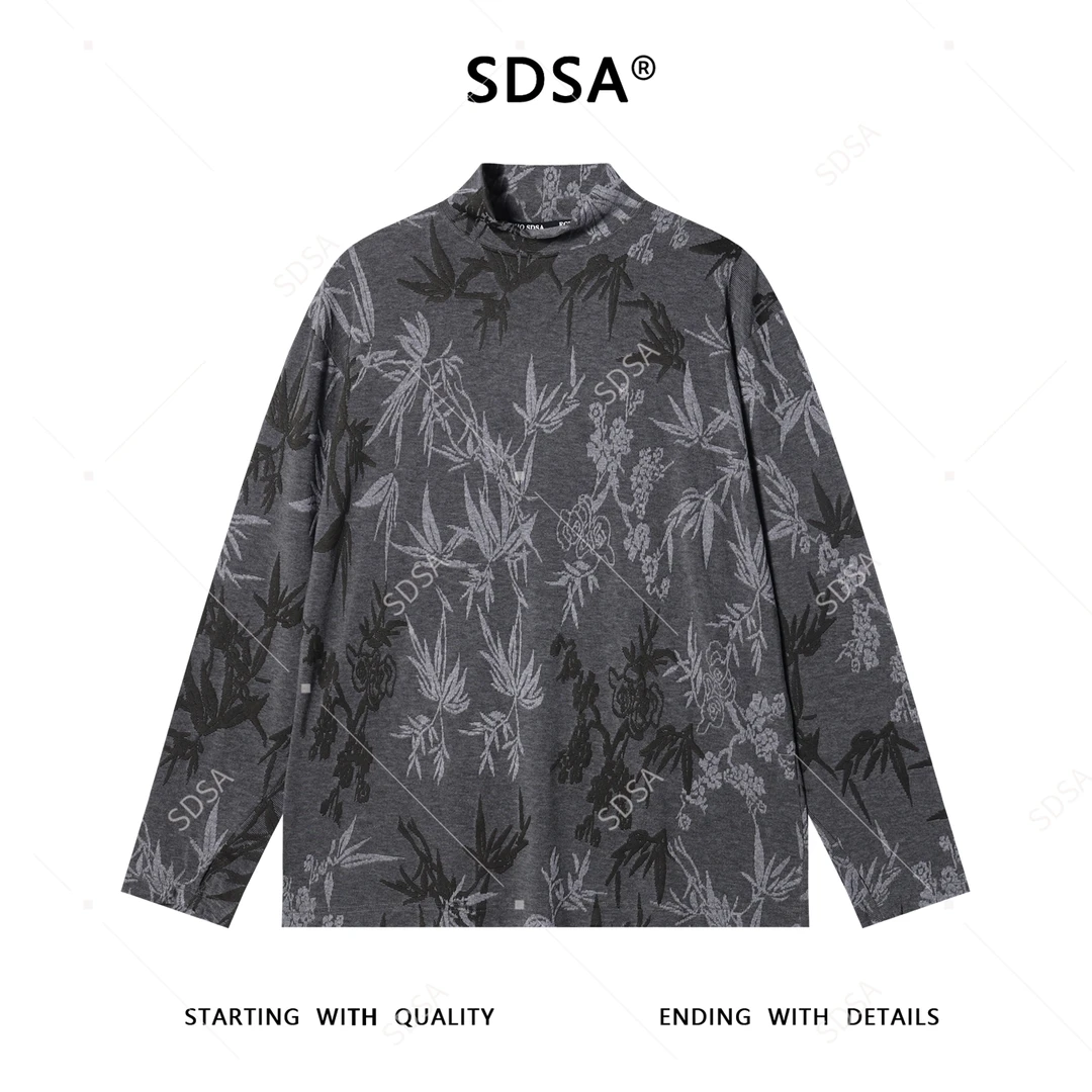 SDSA男士秋冬新款痞帅男装潮牌植物花卉提花半高领长袖T恤百搭潮