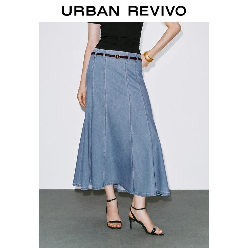 UR2025秋季新款女装复古休闲百搭腰带装饰牛仔半裙UWM850199