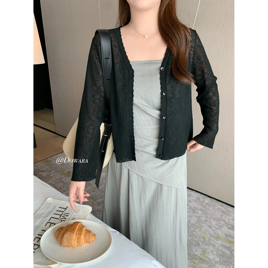 现货大婉酱微胖定制法式V领设计感小众外搭夏季百搭开衫上衣9070D