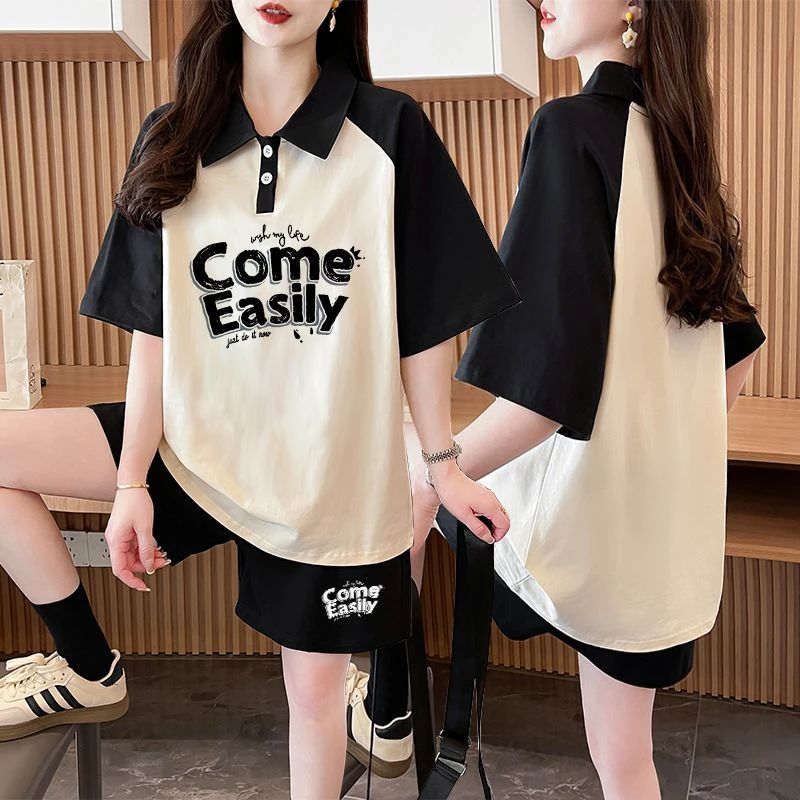 夏季拼色纯棉Polo领运动服套装女2025新款百搭网红短袖短裤两件套