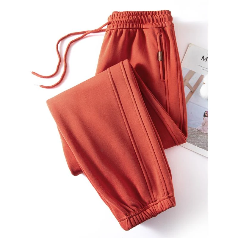 橘红色卫裤女秋冬加绒加厚宽松束脚哈伦裤高腰显瘦灯笼休闲运动裤