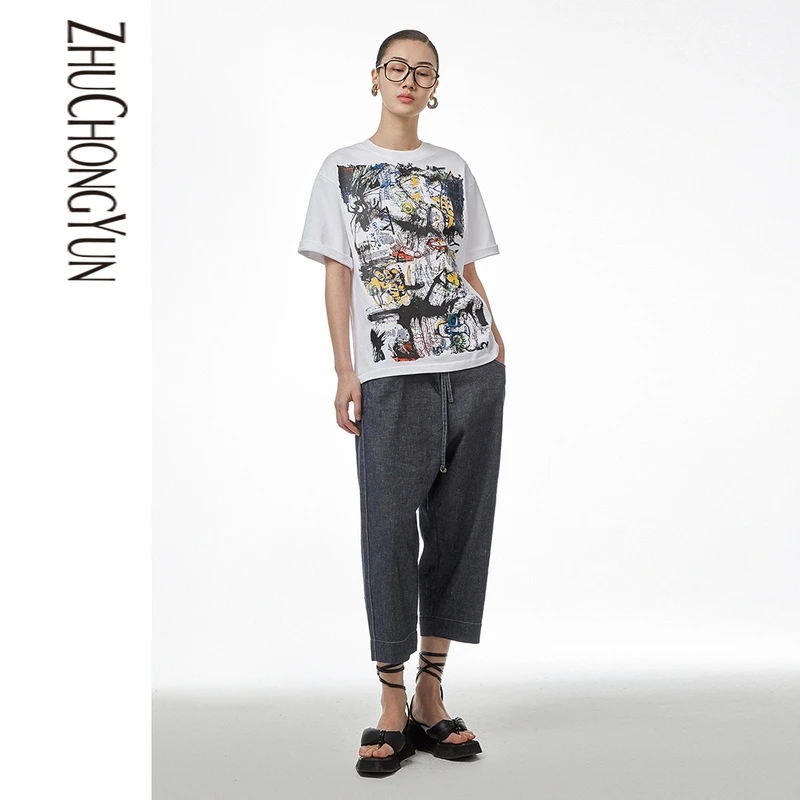 ZHUCHONGYUN春新品古原联名系列白色短袖T恤女C1DE25827