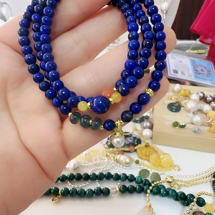 蜜蜡未镶嵌手链卡4.7青金设计款有结构三圈