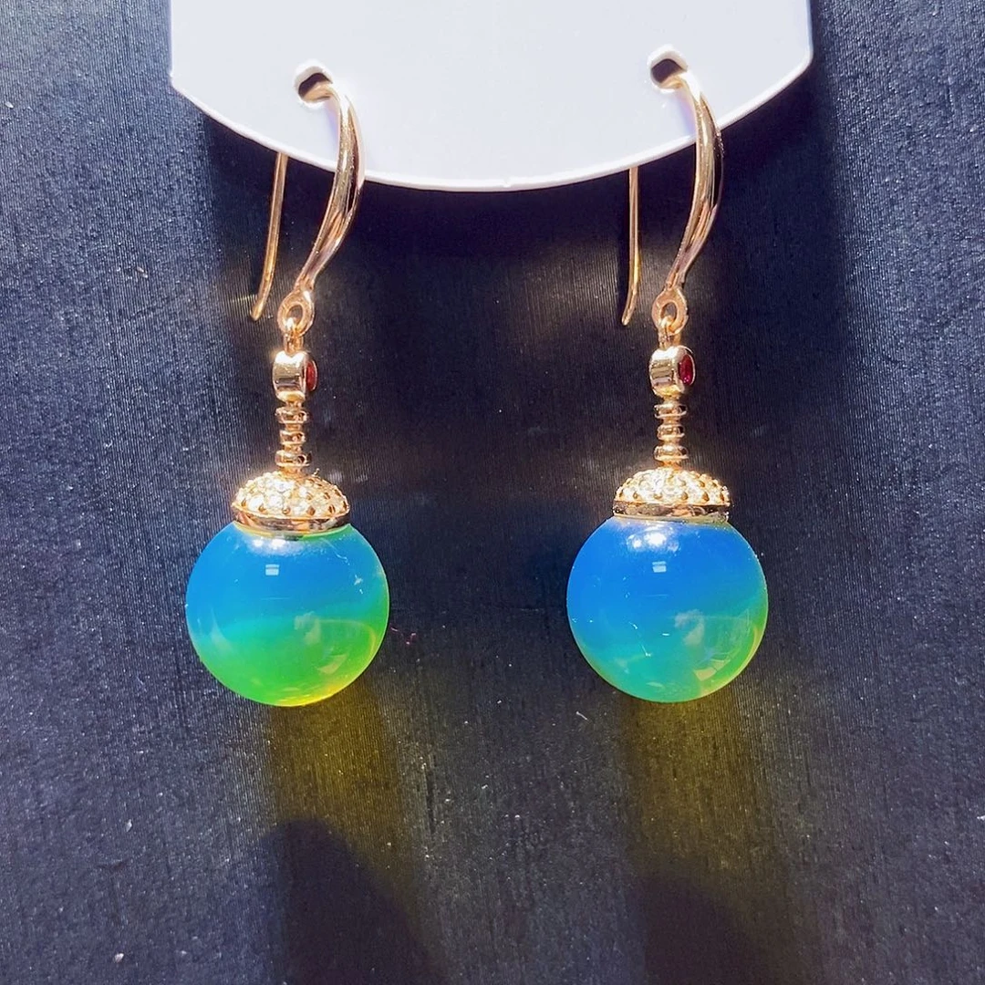 银S925镀金镶嵌蓝珀耳饰12mm高蓝净水