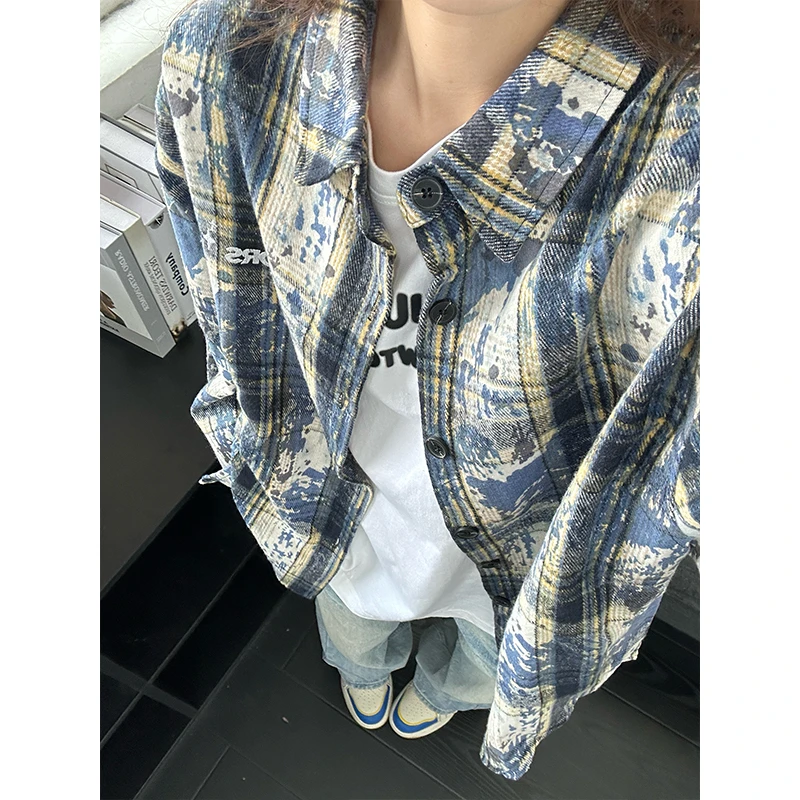 美式复古扎染蓝色格子衬衫男款秋款cleanfit磨毛宽松衬衣情侣外套