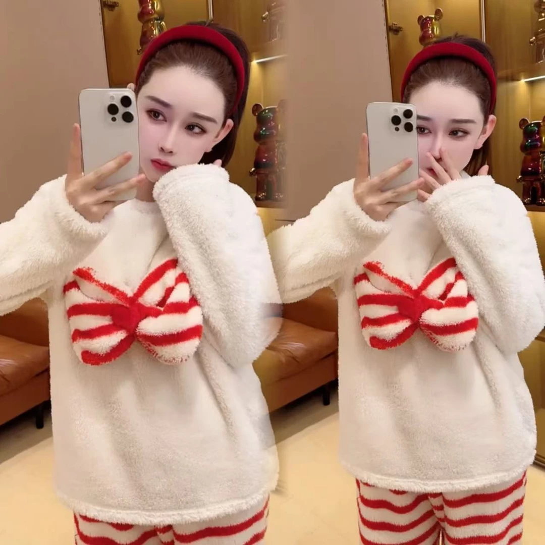 紫哥 韩版蝴蝶结条纹居家睡衣套装ED#3666