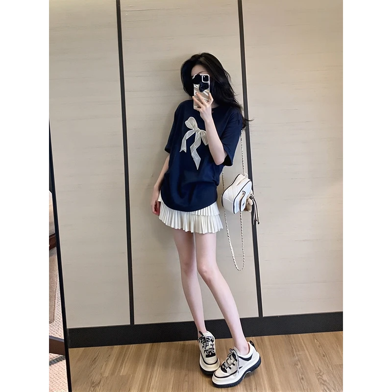 韩系女时尚套装蝴蝶结短袖上衣短裙两件套休闲夏季减龄宽松搭配