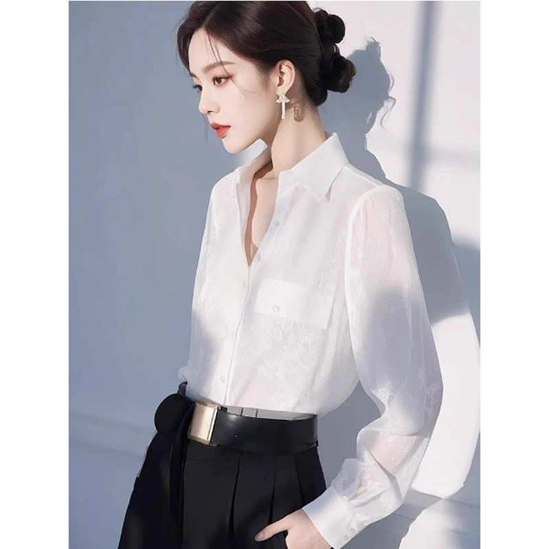 法式高级感白色翻领衬衣女2025春季时尚气质洋气休闲通勤别致上衣