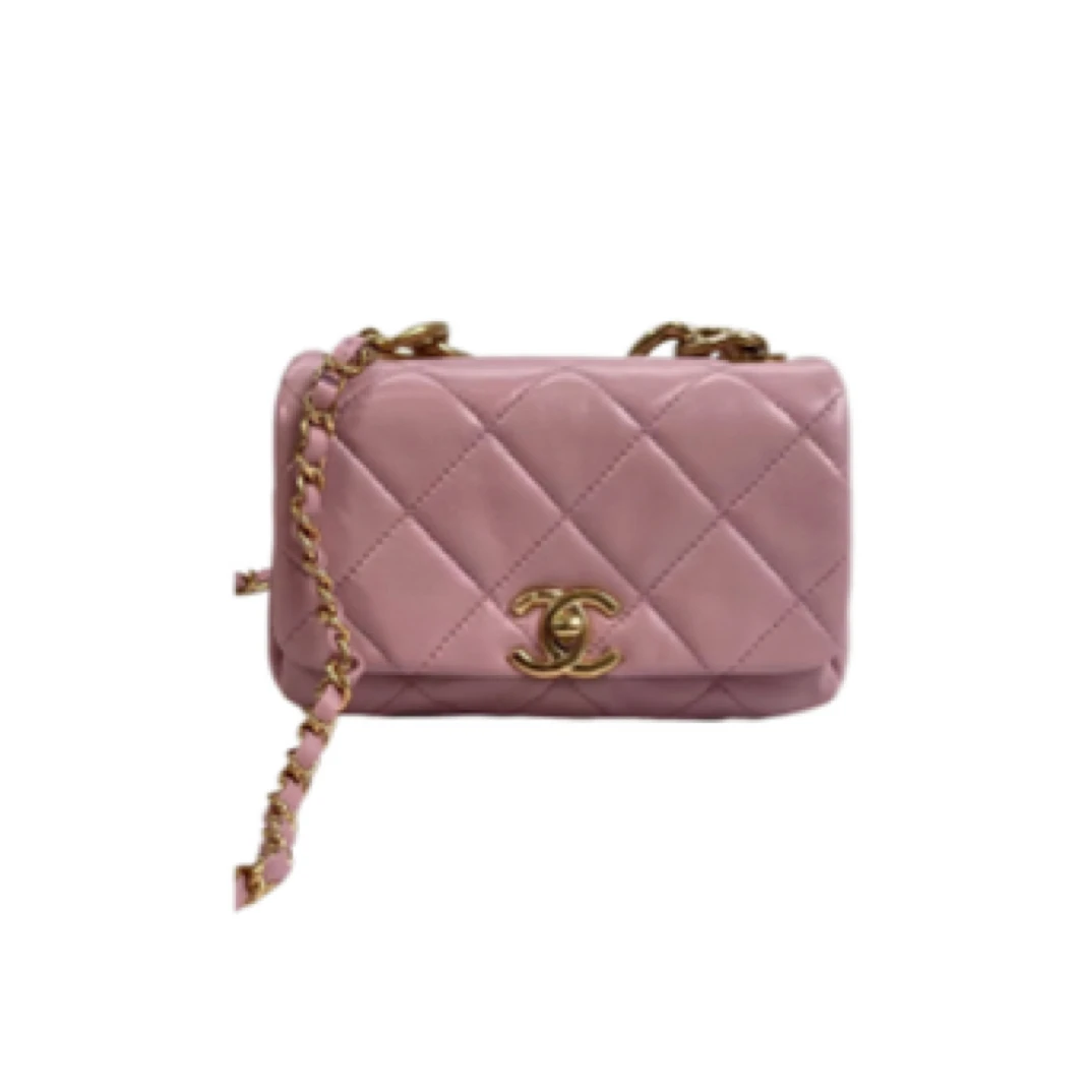 95新 Chanel/香奈儿 粉色粗链条 22A口盖包芯片款/JW2733