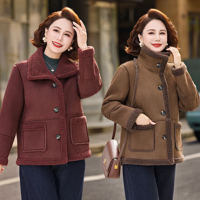 中老年女装仿羊羔绒外套洋气阔太太加绒加厚妈妈皮毛一体大衣冬季