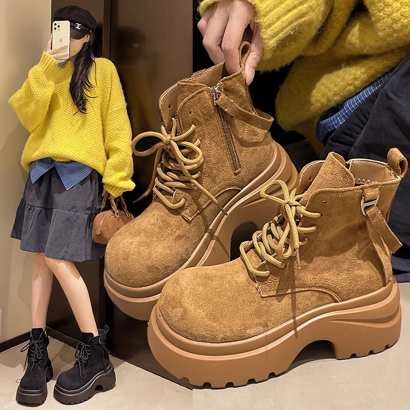 复古厚底增高马丁靴女2025秋季新款时尚美拉德显瘦短靴系带大黄靴