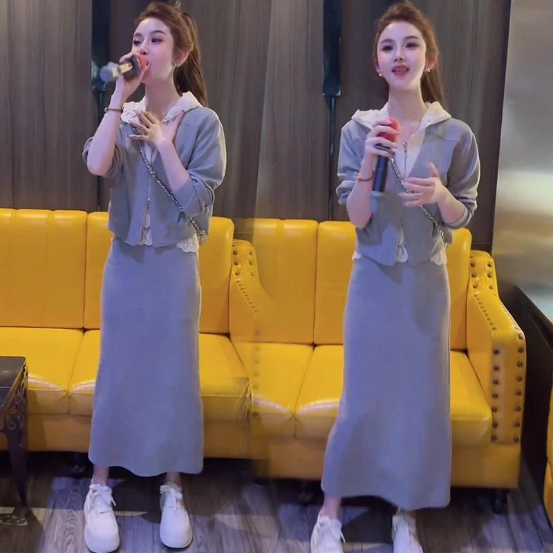 时尚套装裙女2025春秋新款蕾丝拼接连帽短款卫衣休闲半身裙两件套