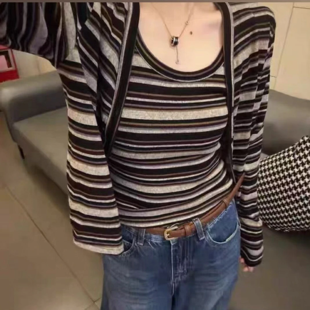 百搭条纹开衫背心两件套设计感T恤修身时尚撞色条纹上衣