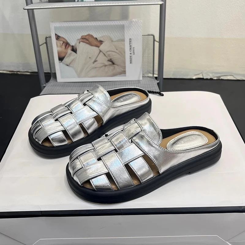 真皮镂空包头拖鞋女2025年夏季新款一脚蹬编织半拖外穿懒人凉拖鞋