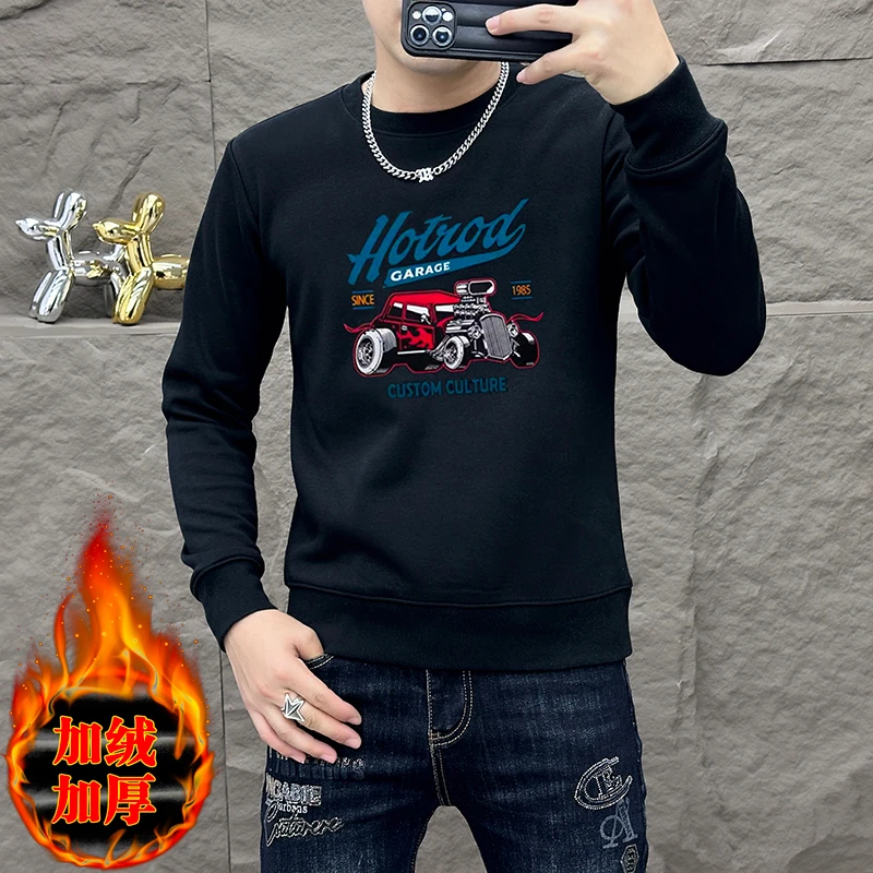 高端潮牌加绒卫衣男款2024新款冬季时尚印花长袖修身潮牌圆领上衣