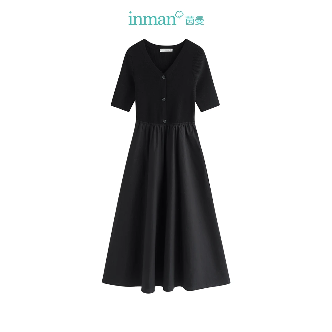 【商场同款】茵曼春秋女连衣裙小黑裙女装长袖休闲新款针织收腰时尚