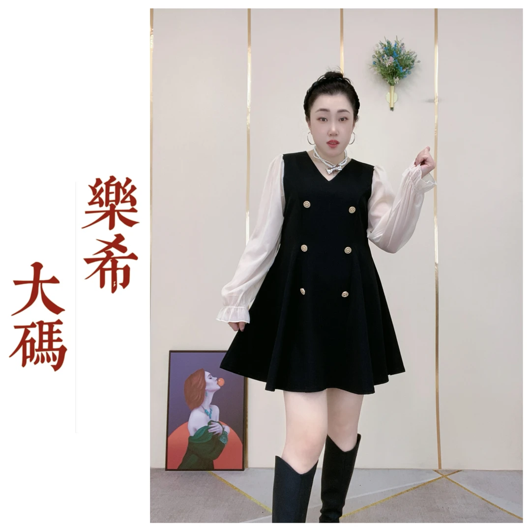 《乐希大码》2025时尚黑色春季气质遮肚子显瘦新款百搭洋气连衣裙