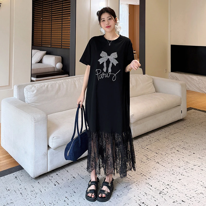 夏季新款大码长款拼接蕾丝裙摆烫珠烫钻短袖宽松显瘦黑色连衣裙子