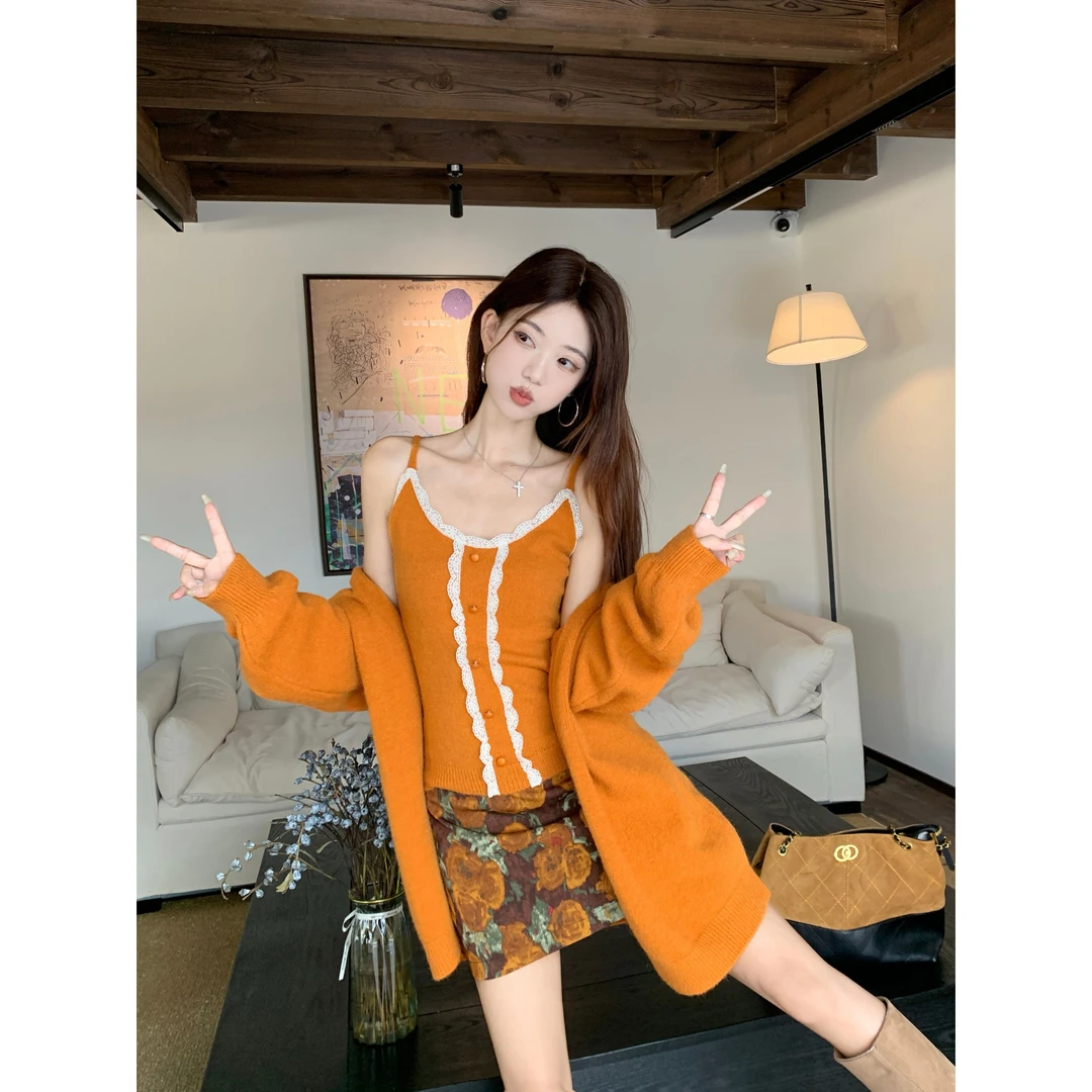 2025秋季新款韩系设计高级百搭背心吊带毛衣开衫半身裙时尚套装女