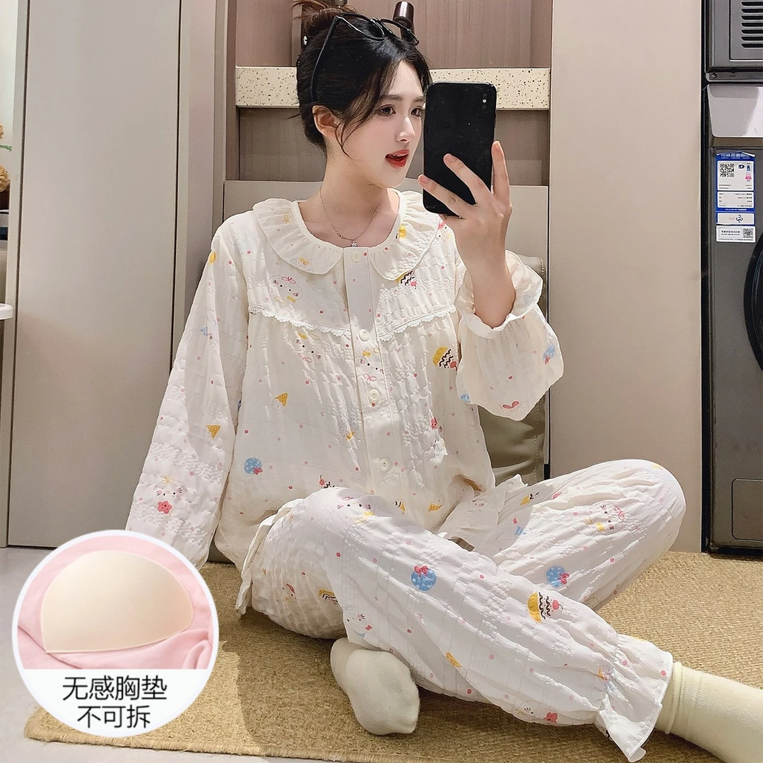 奶呼呼云朵棉睡衣女秋冬季长袖带胸垫2025新款圆点甜筒套装家居服