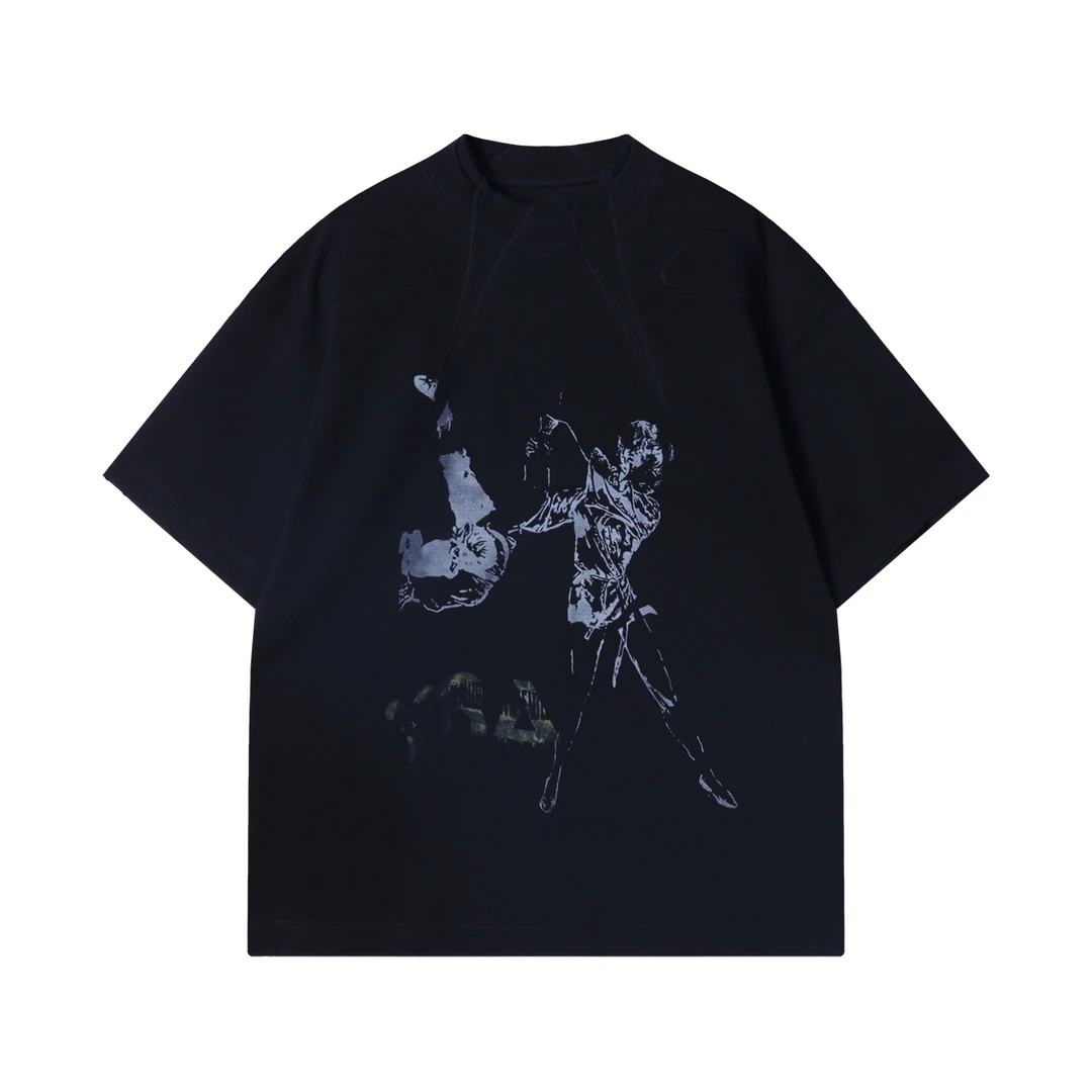 夏季高级感新款双领口压胶印花圆领短袖T恤缝线痞帅百搭高街上衣