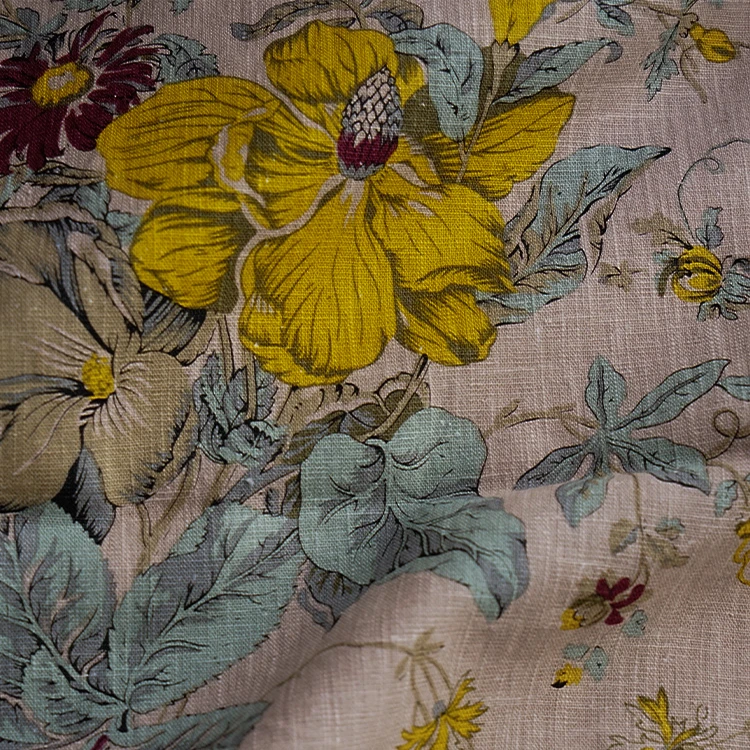 韩国进口棉麻布-并蒂花开黄色（1/4码）