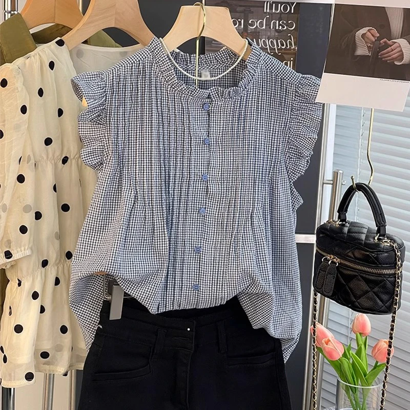 蓝色格子小飞袖衬衫女夏季设计感别致独特漂亮短袖荷叶边上衣小衫