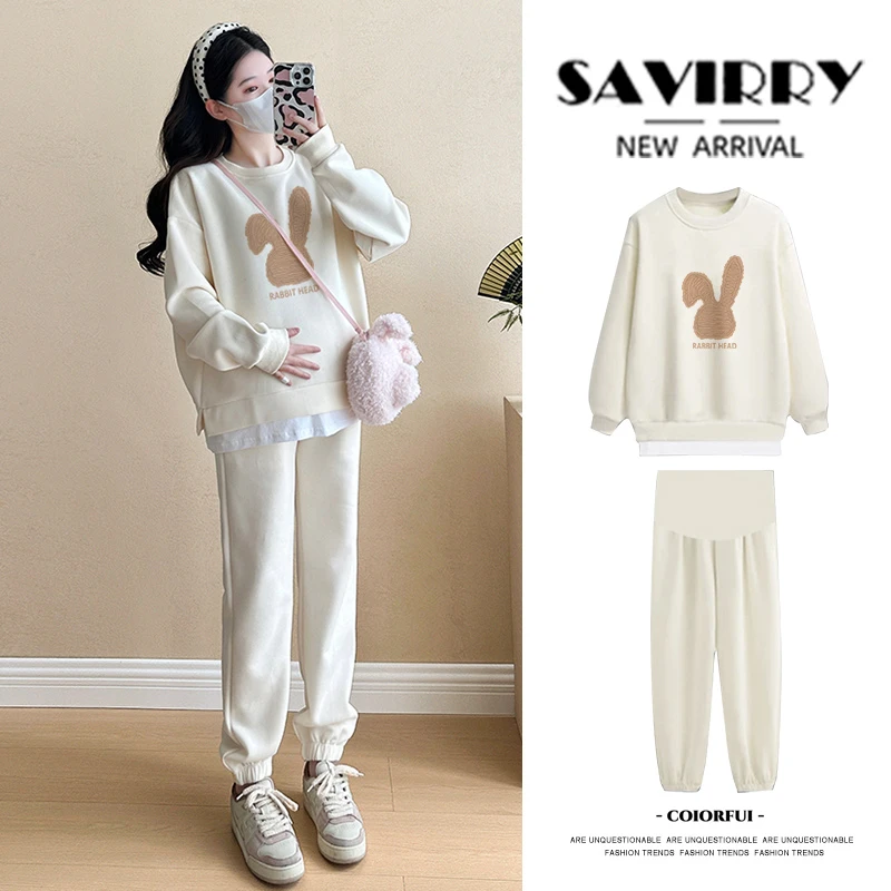孕妇2025新款春秋弯耳线形兔休闲假两件卫衣+托腹卫裤外穿两件套