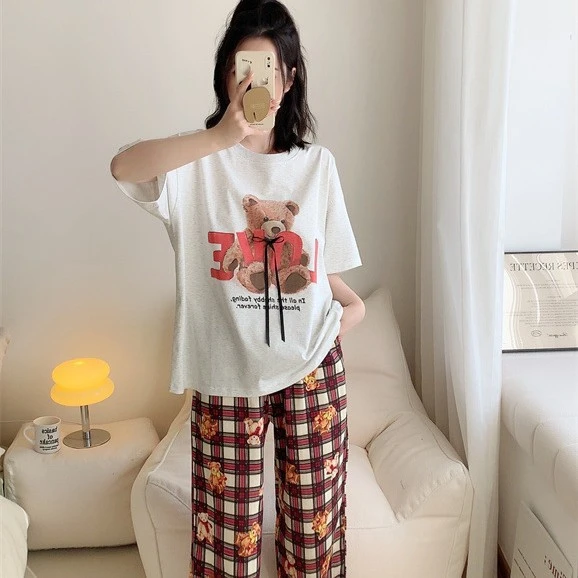 2025新品春季睡衣女短袖长裤卡通可爱小熊薄款pinkweo家居服