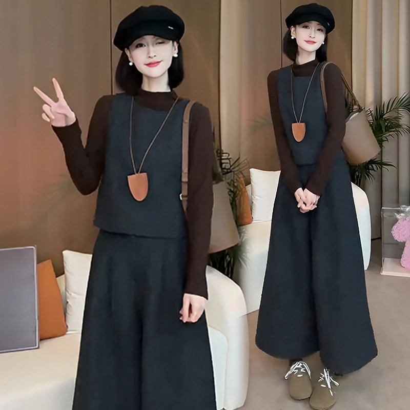 高级感毛呢马甲套装女2025秋冬修身打底衫气质九分阔腿裤三件套潮