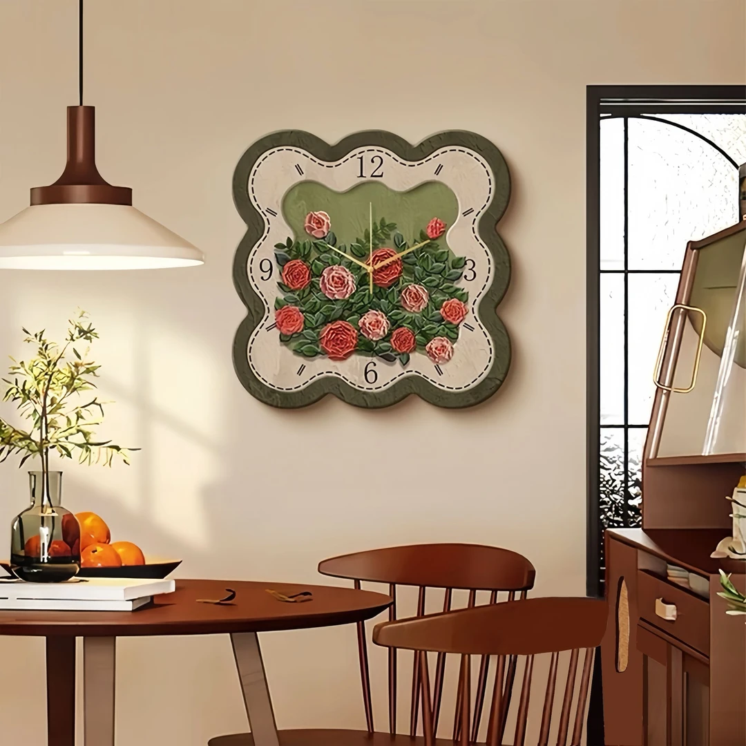 法式复古风客厅挂钟装饰画复古玫瑰卧室创意时钟餐厅墙面钟表q19