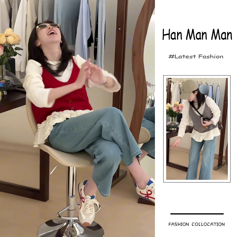 春季流行穿搭一整套新款2025韩版洋气休闲打底衫吊带牛仔裤三件套