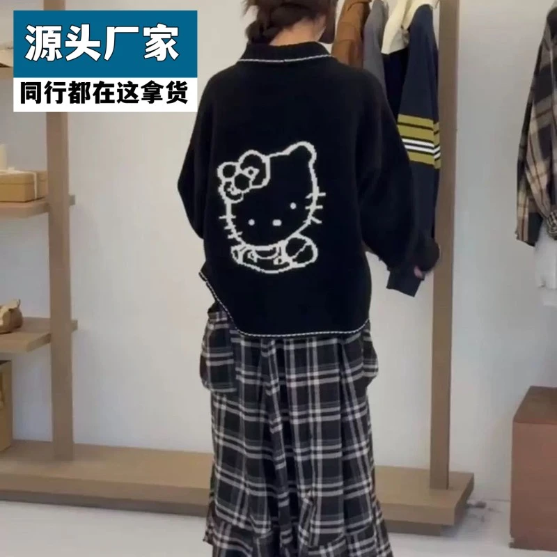 梵乐芬复古风卡通小猫提花针织开衫女秋冬新款韩系穿搭减龄修身毛