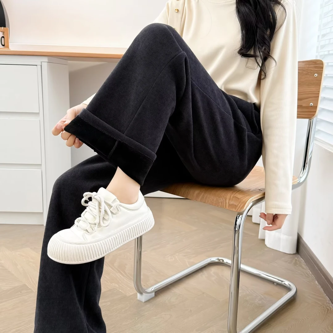 舒适的大码女装抽绳阔腿裤秋冬休闲拖地高腰宽松加绒休闲裤