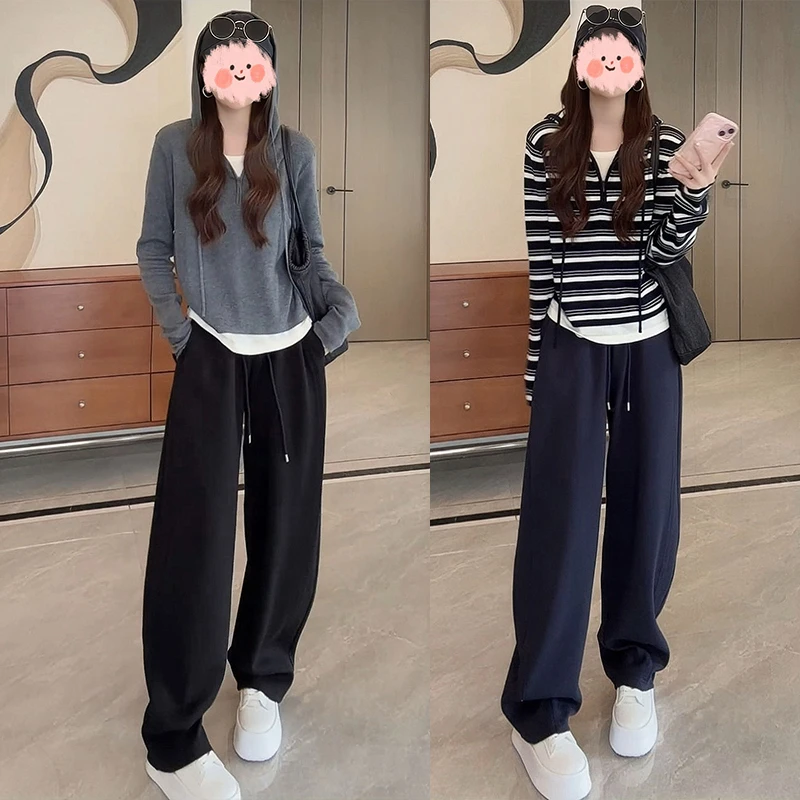 设计感慵懒松弛感套装条纹长袖针织上衣宽松显瘦阔腿休闲裤两件套