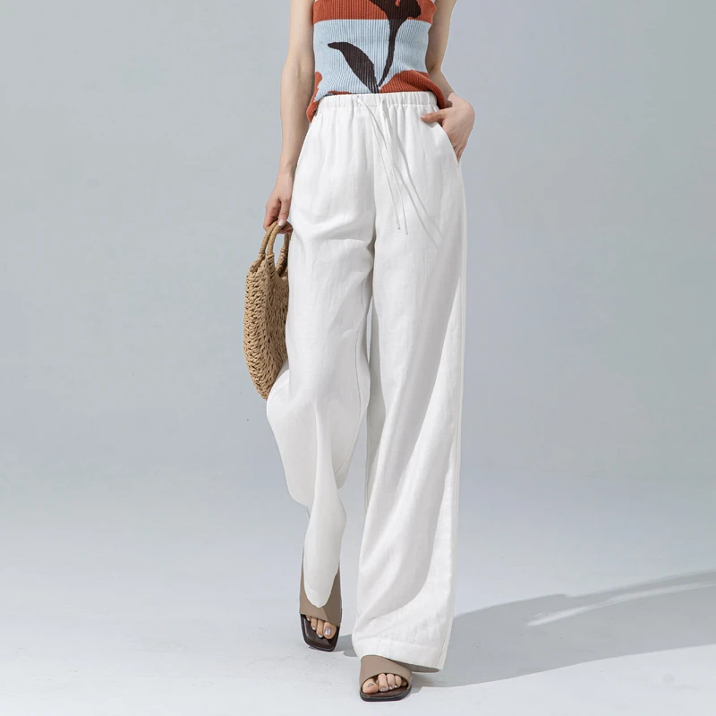 亚麻阔腿裤女2025新款夏薄款超好看白色裤子天丝直筒裤松紧腰长裤