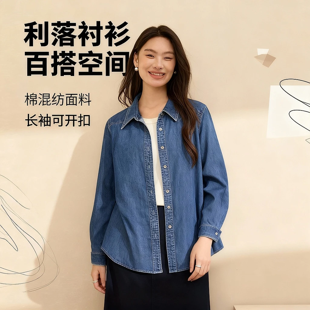 【复古洋气百搭牛仔衬衫】纤莉秀W大码女装深色知性时尚简约QK3409