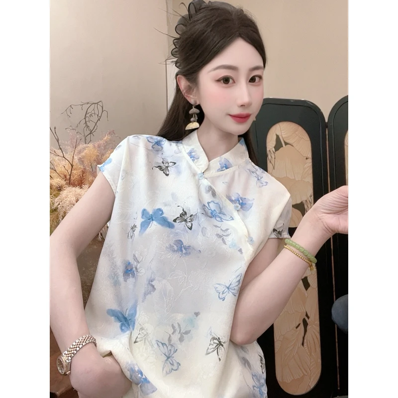【蓝蝶叙】2025夏季蝴蝶提花缎百搭显瘦新中式短袖女日常时尚