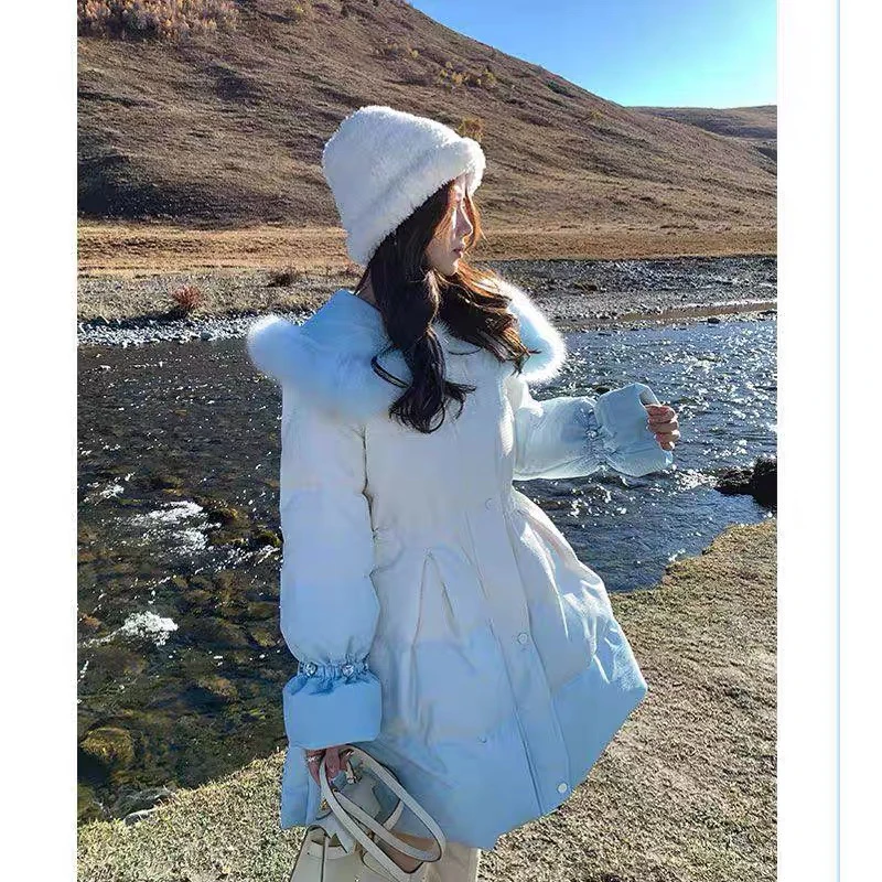 【白桃香槟】狐狸毛渐变色甜美收腰少女感绣花大毛领中长款外套