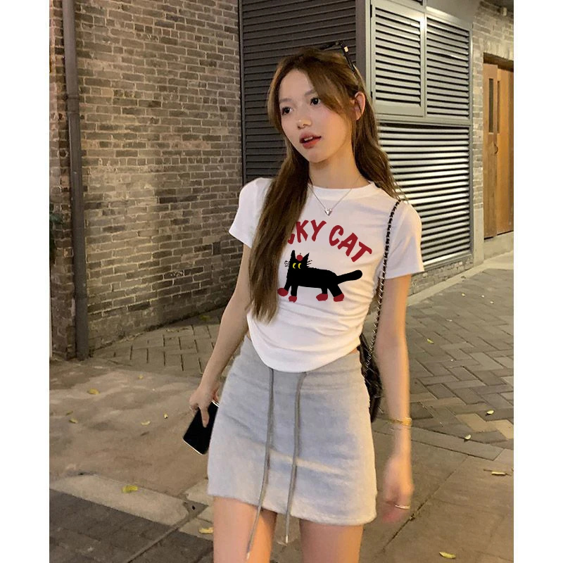 圆领短款辣妹新款褶皱收腰显痩纯棉T恤正肩夏季修身短袖百搭上衣