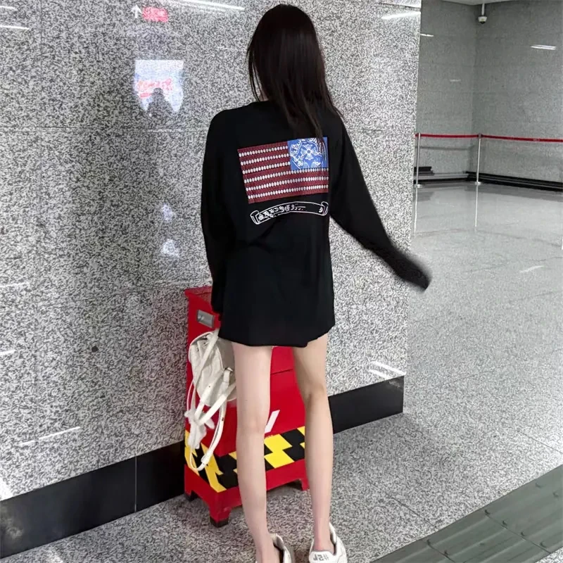 1212-早秋2025新款长袖T恤女宽松印花中长款百搭圆领打底衫上衣服