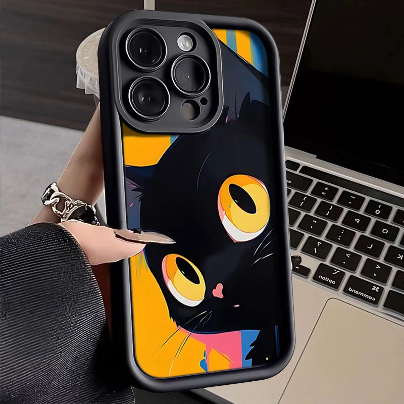 多巴胺油画黑猫适用iphone16苹果手机壳15promax金刚砂14软131211