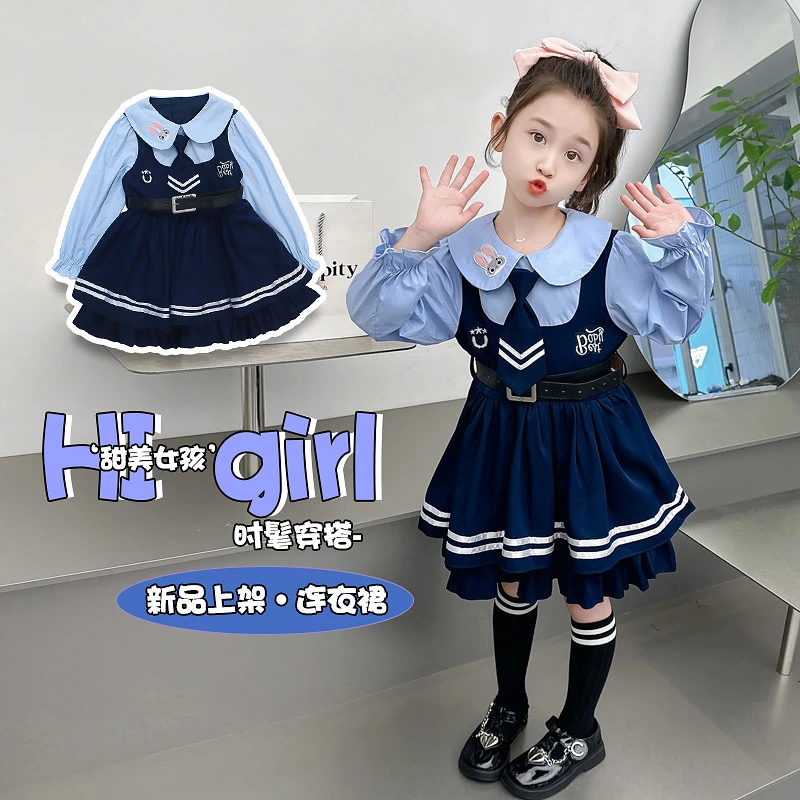 女童连衣裙春秋2025新款儿童洋气学院风女宝宝假两件长袖秋款裙子