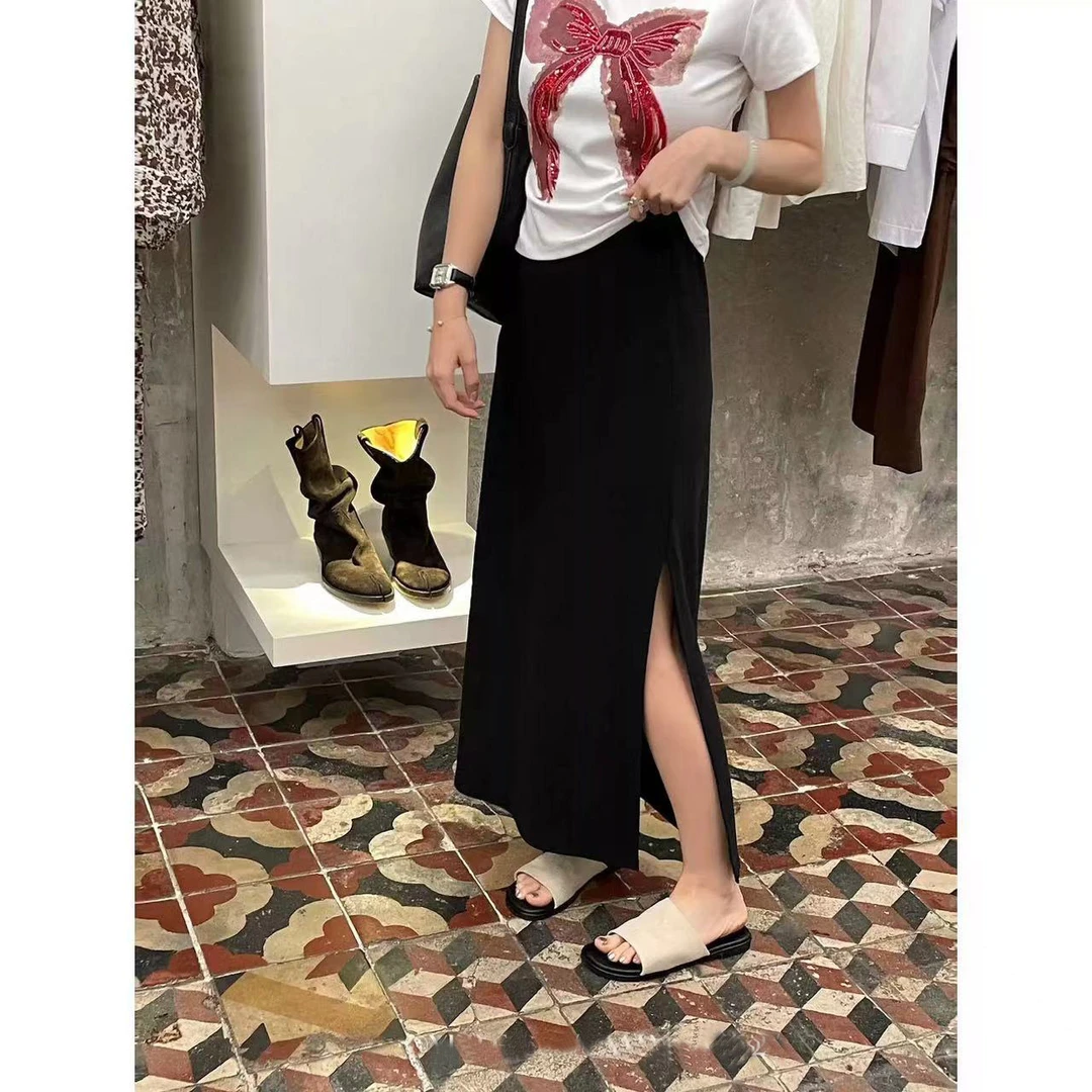 C.TY「双开叉」黑色半身裙女高腰显瘦a字长裙子6888