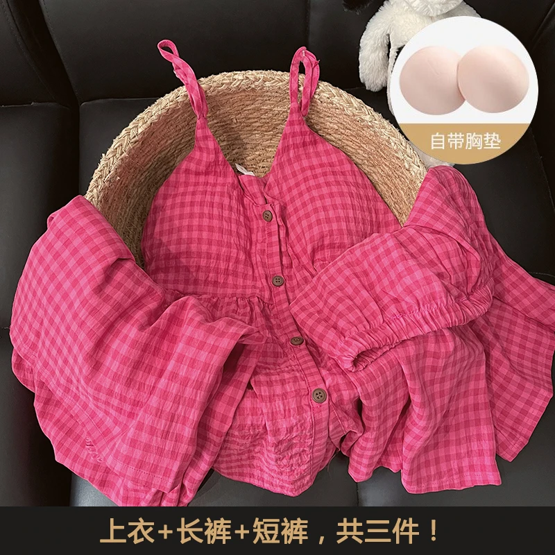 【三件套玫粉格子】自带胸垫夏季吊带睡衣甜美风少女家居服套装